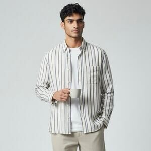 Zara Mens Preppy Linen Button Down  Striped Shirt Vacation Summer Small